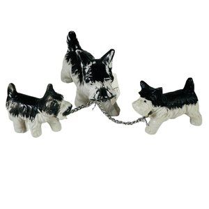 Little Scottie Dog Vintage figurines with 2 pups on leashes. Kitsch Porcelain